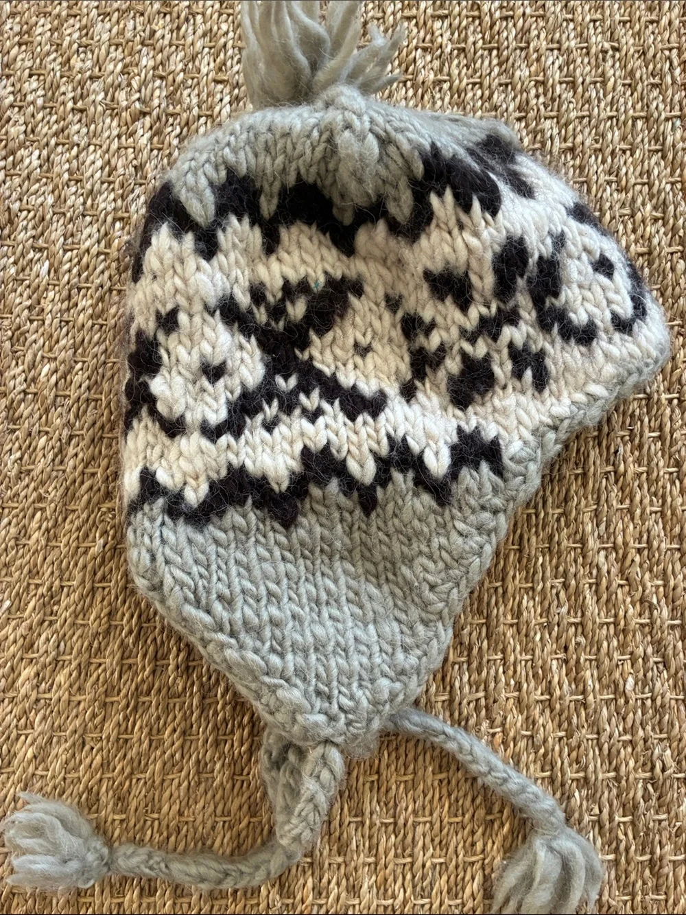 J. Crew Gray, Black and Cream Handknit Pom Beanie with Ear Flaps